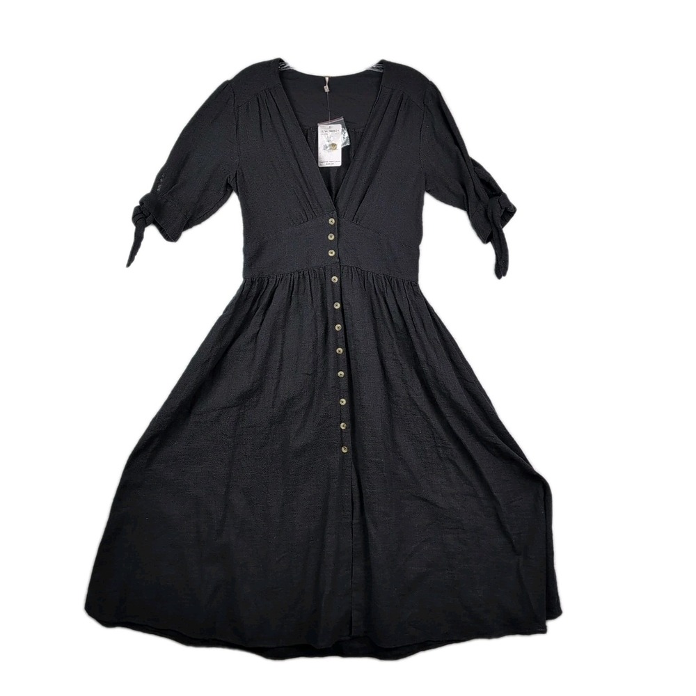 NWT FREE PEOPLE Love Of My Life Cotton Black Deep Plunge MIDI Dress Women's Sz S